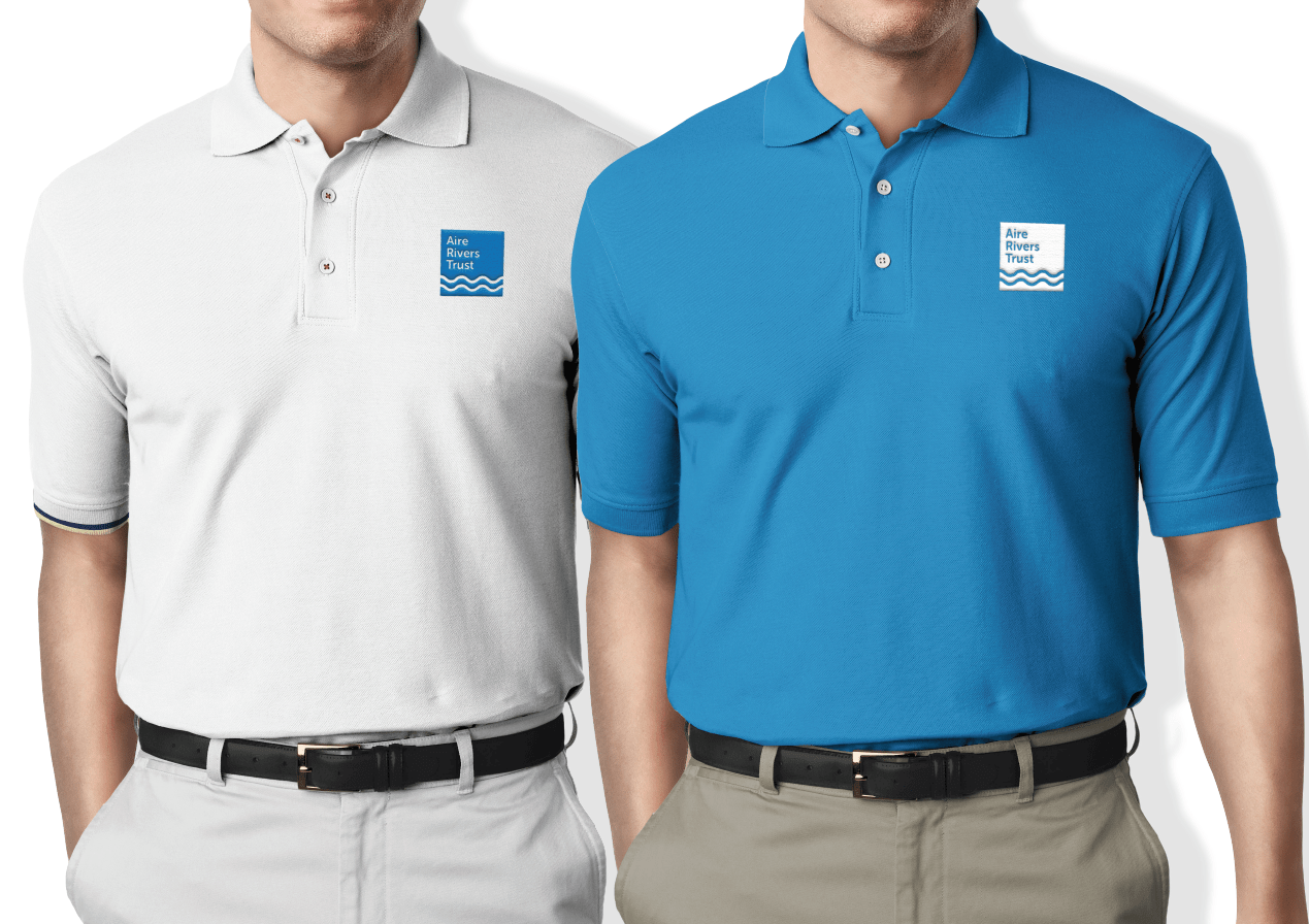Blue and white t-shirts showing Aire Rivers Trust logo