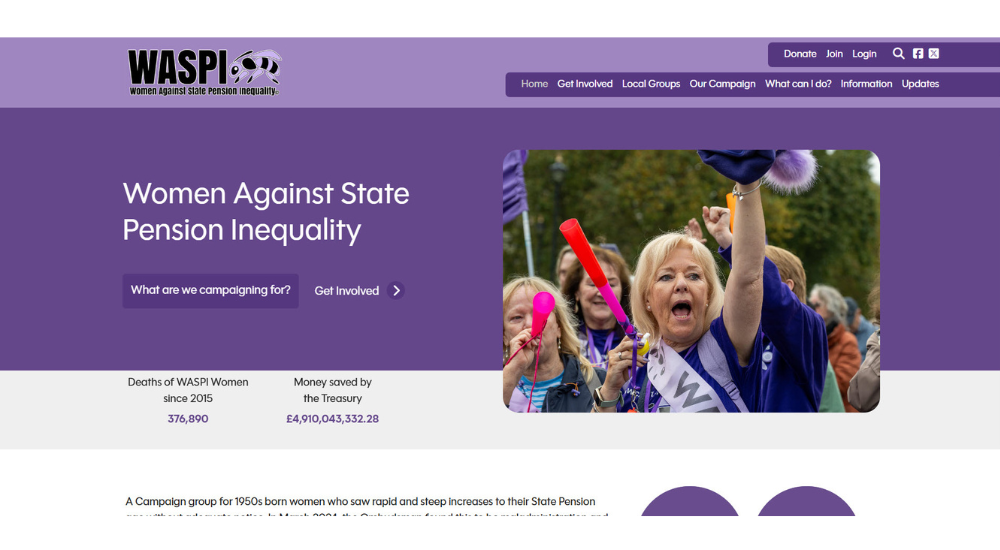 Charity website screenshot for WASPI